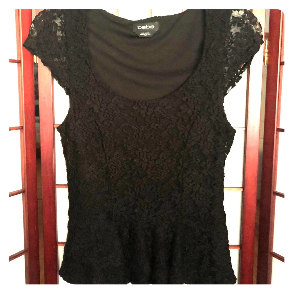 Bebe black peplum flower lace top